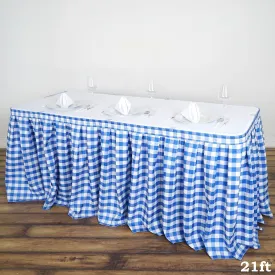 21FT Perfect Picnic Inspired White/Blue Checkered Polyester Table Skirt For Wedding Party Event