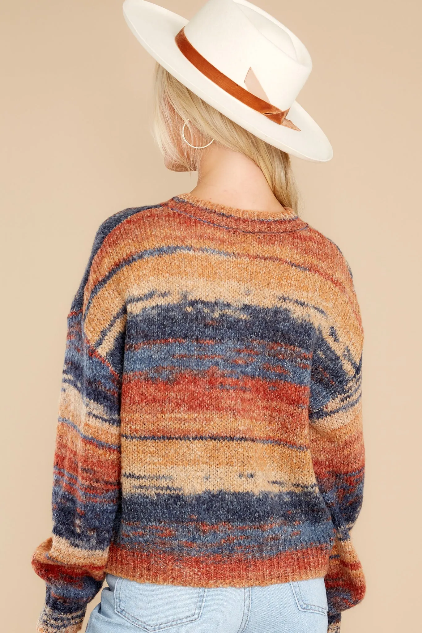 Admiring Sunsets Blue And Rust Knit Sweater