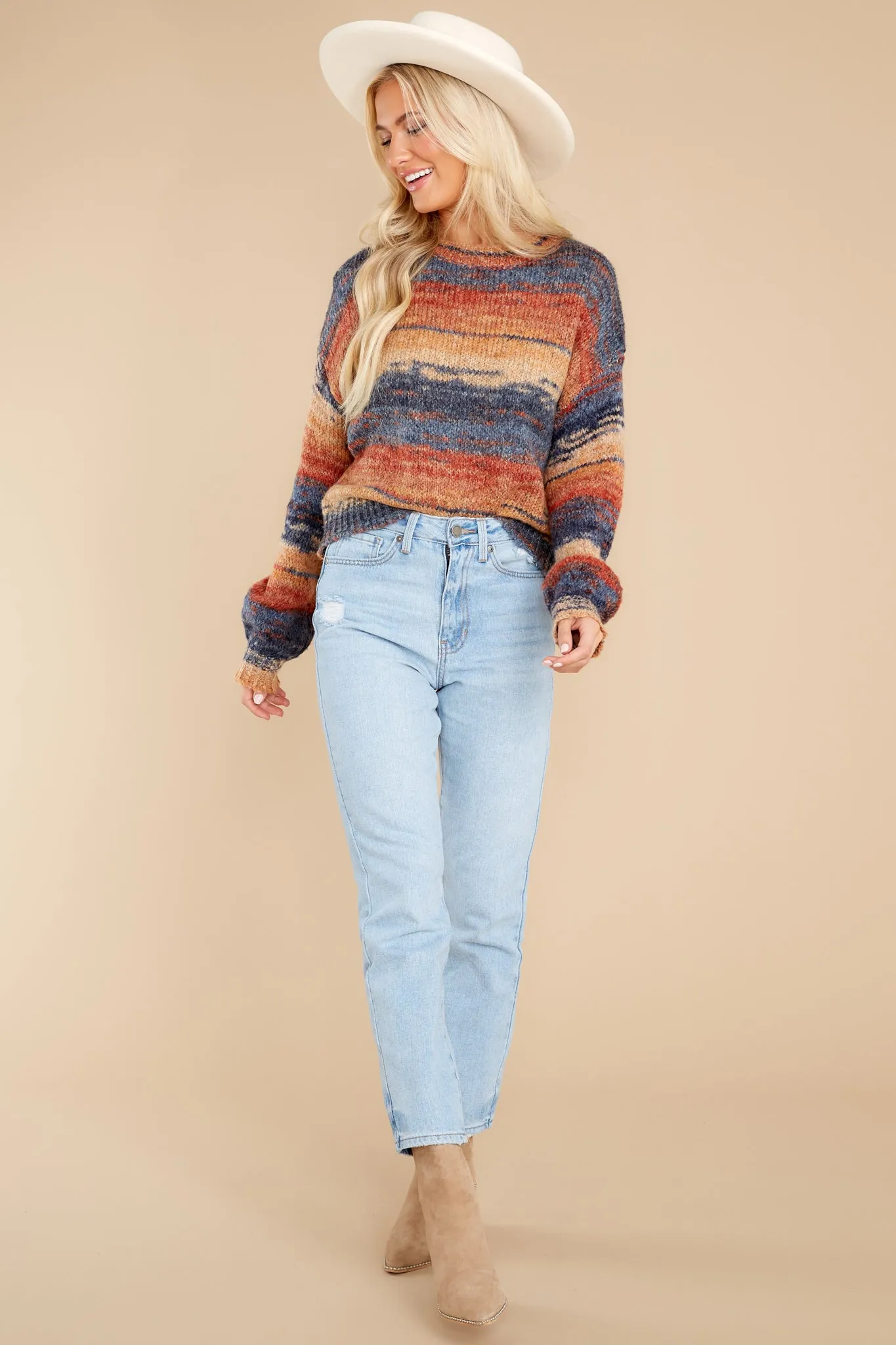 Admiring Sunsets Blue And Rust Knit Sweater