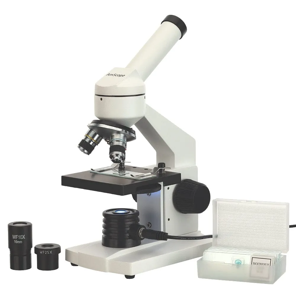 AmScope M102 Series Monocular LED Metal Frame Compound Microscope 40X-1000X Magnification with 10pc Slides