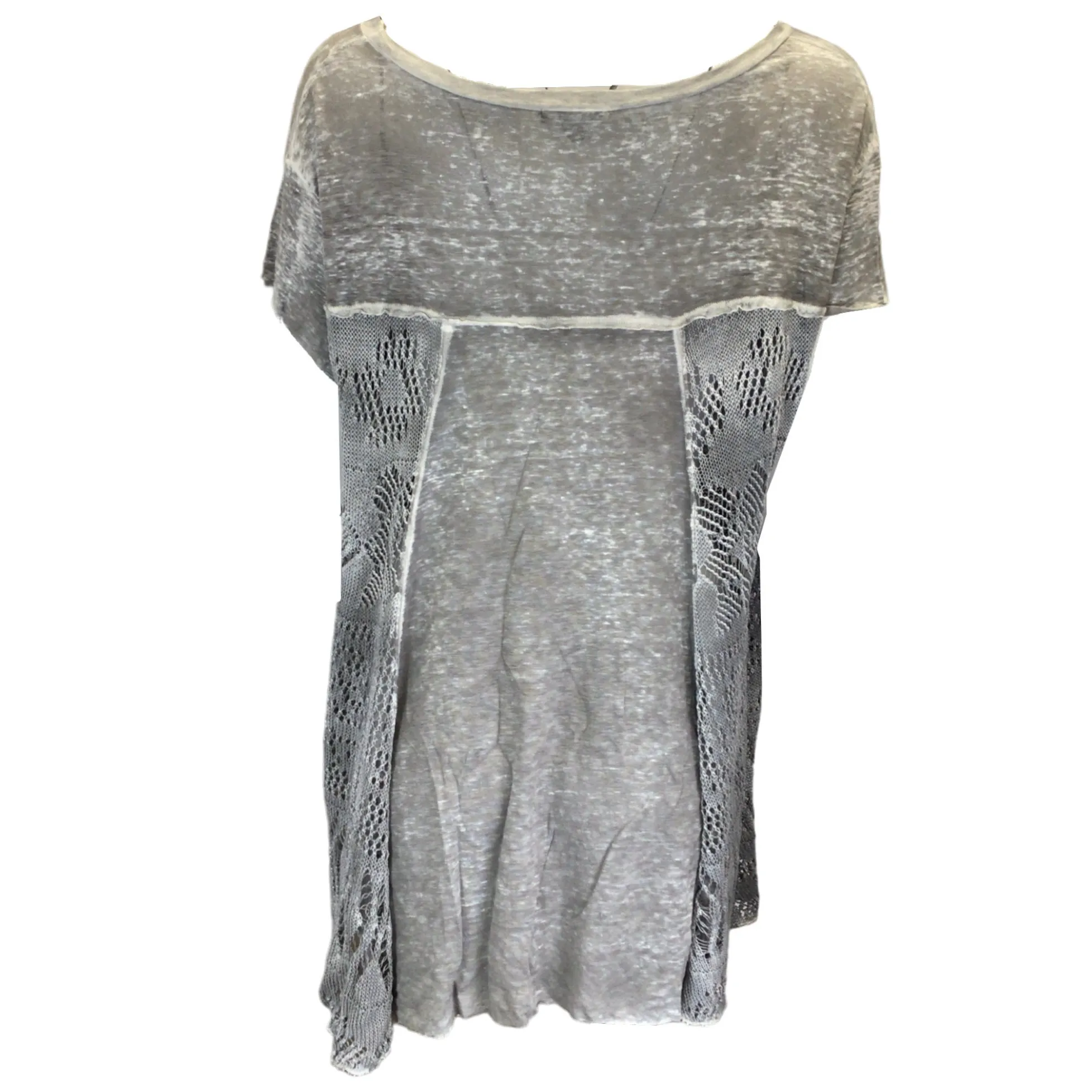 Avant Toi Grey Crochet Knit Detail Short Sleeved Burnout Linen Top