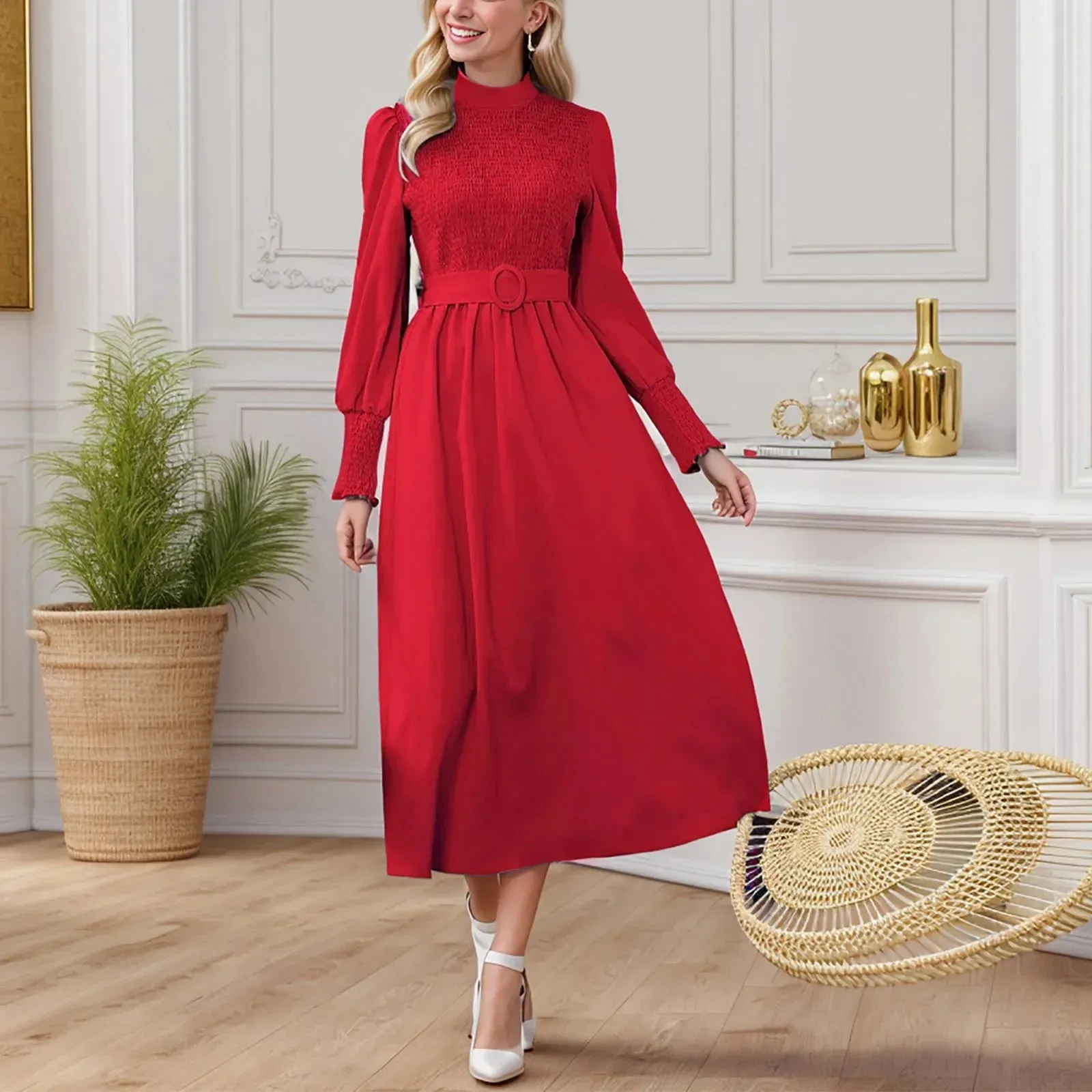 Belt High Waist Elegant Party Solid Half High Collar Office Lady Midi Casual Vintage Dress