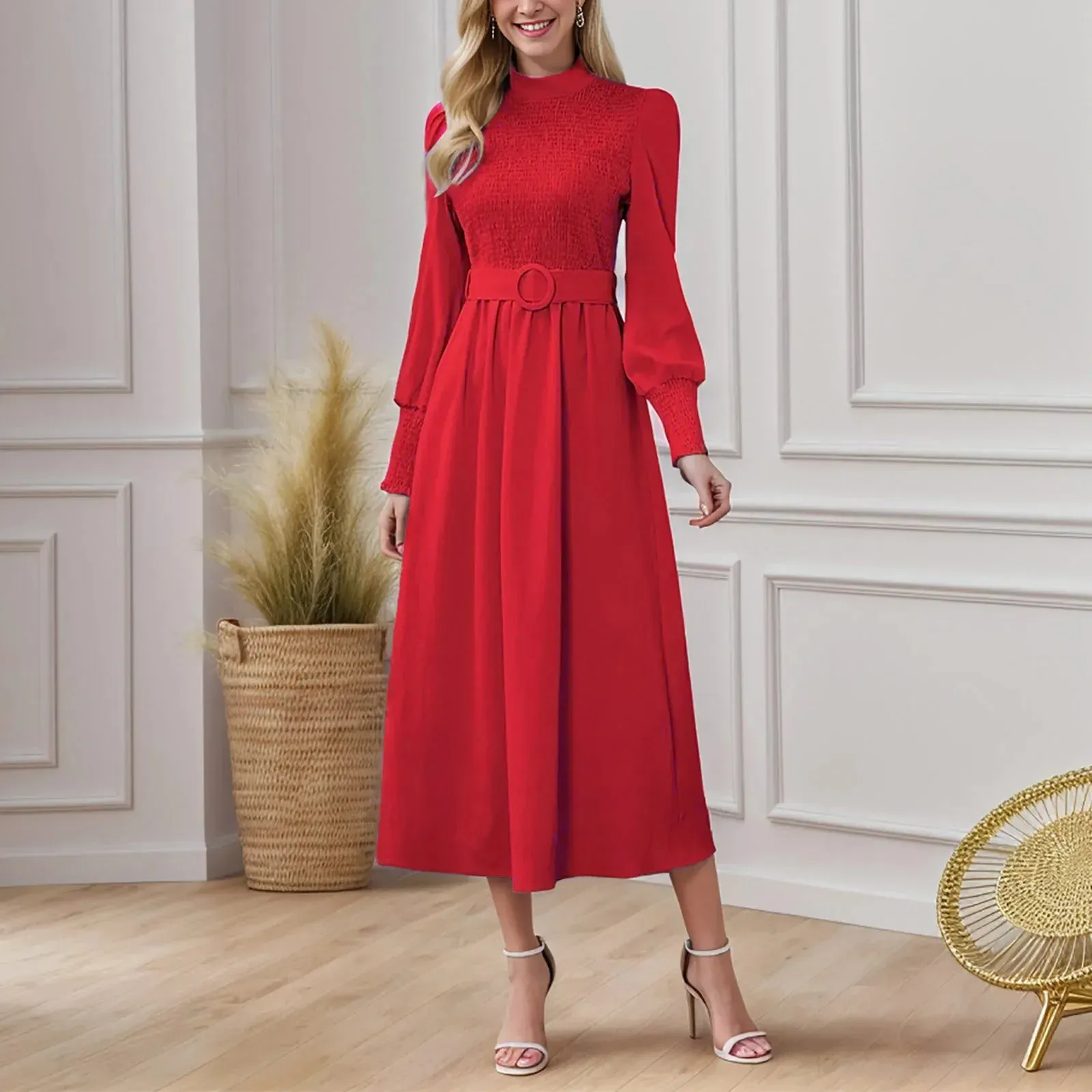 Belt High Waist Elegant Party Solid Half High Collar Office Lady Midi Casual Vintage Dress