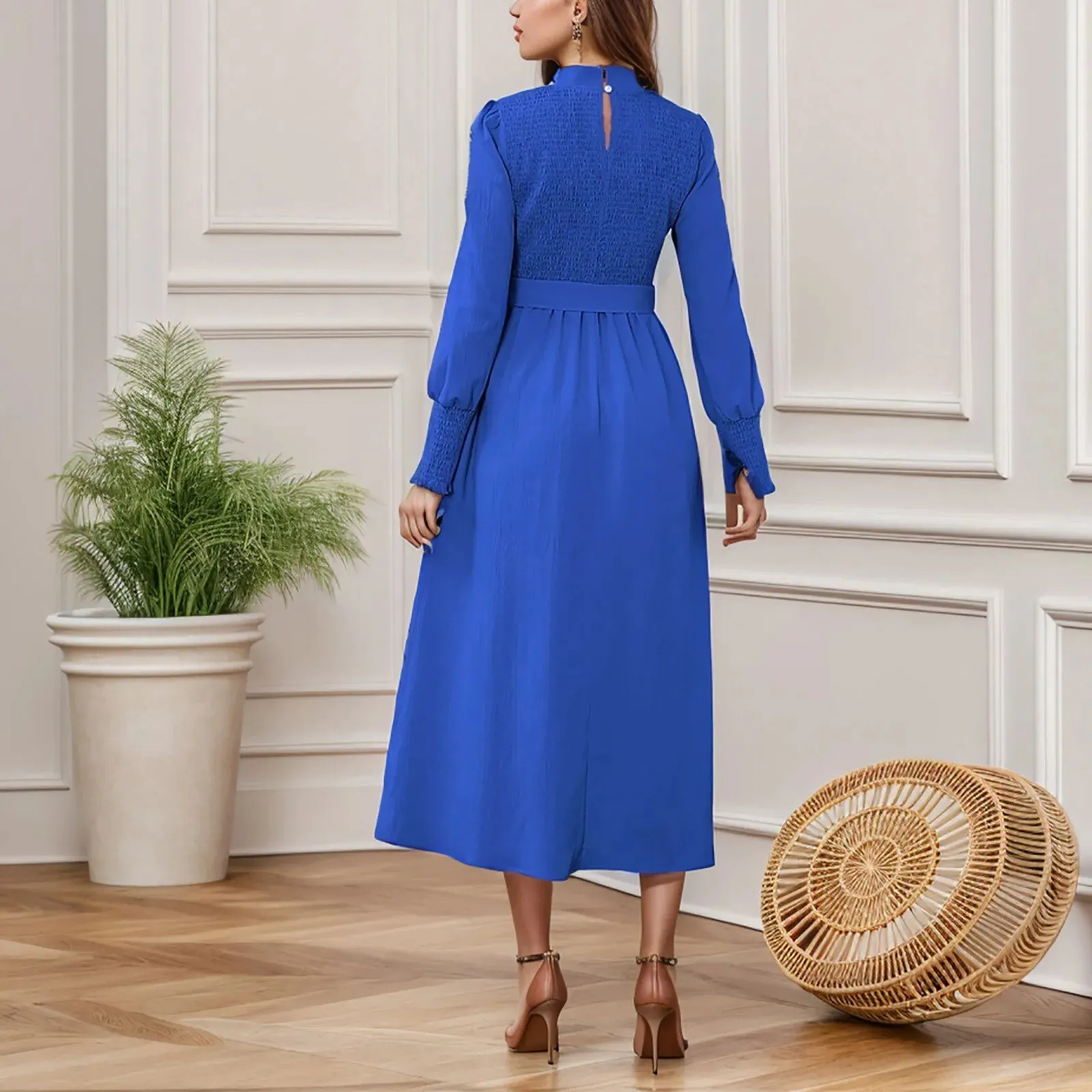 Belt High Waist Elegant Party Solid Half High Collar Office Lady Midi Casual Vintage Dress