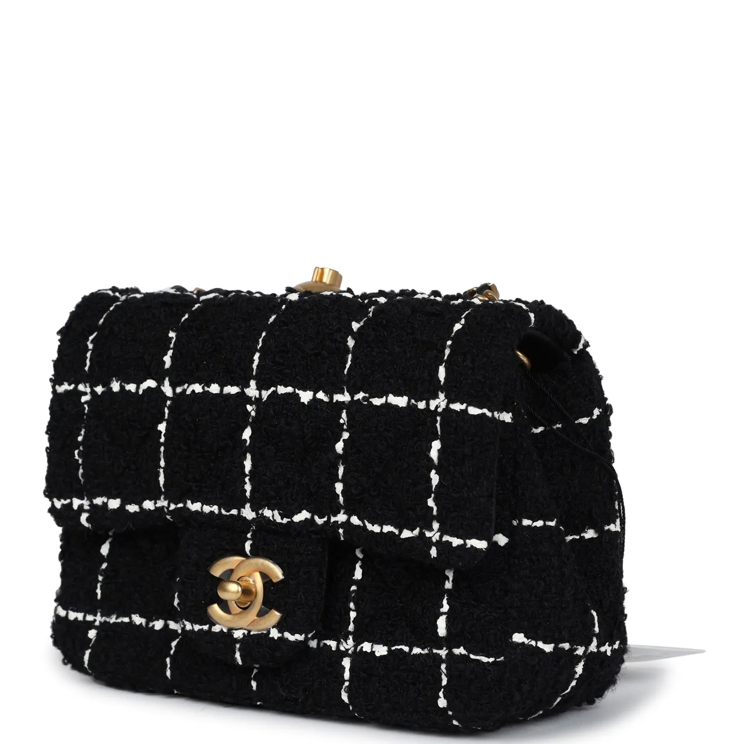 Chanel Mini Pearl Crush Square Flap Bag White and Black Tweed Antique Gold Hardware