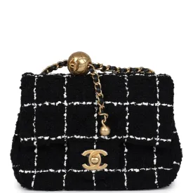 Chanel Mini Pearl Crush Square Flap Bag White and Black Tweed Antique Gold Hardware