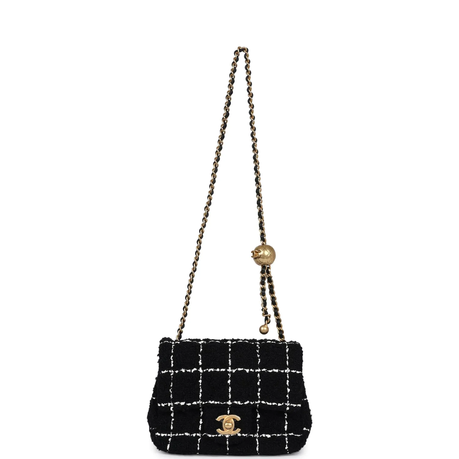 Chanel Mini Pearl Crush Square Flap Bag White and Black Tweed Antique Gold Hardware