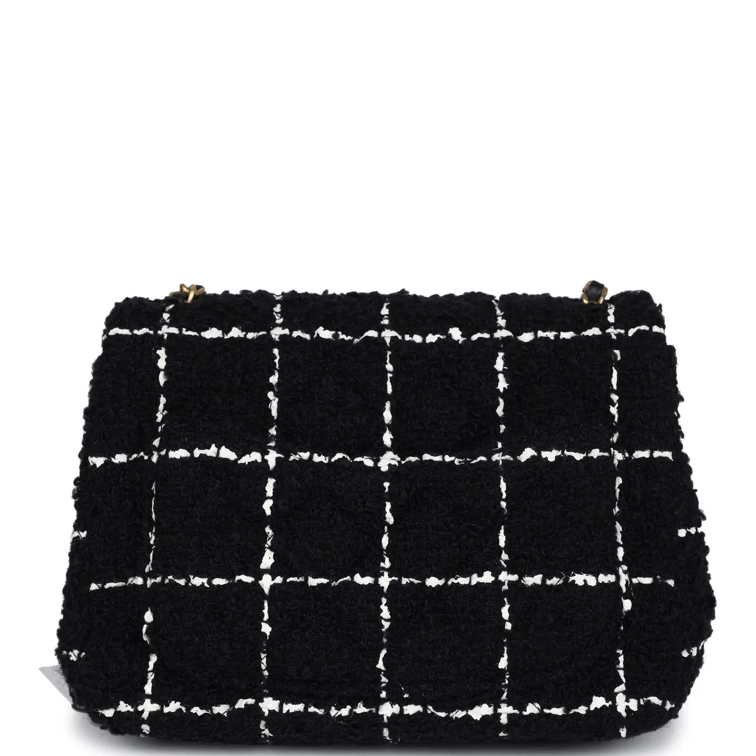 Chanel Mini Pearl Crush Square Flap Bag White and Black Tweed Antique Gold Hardware