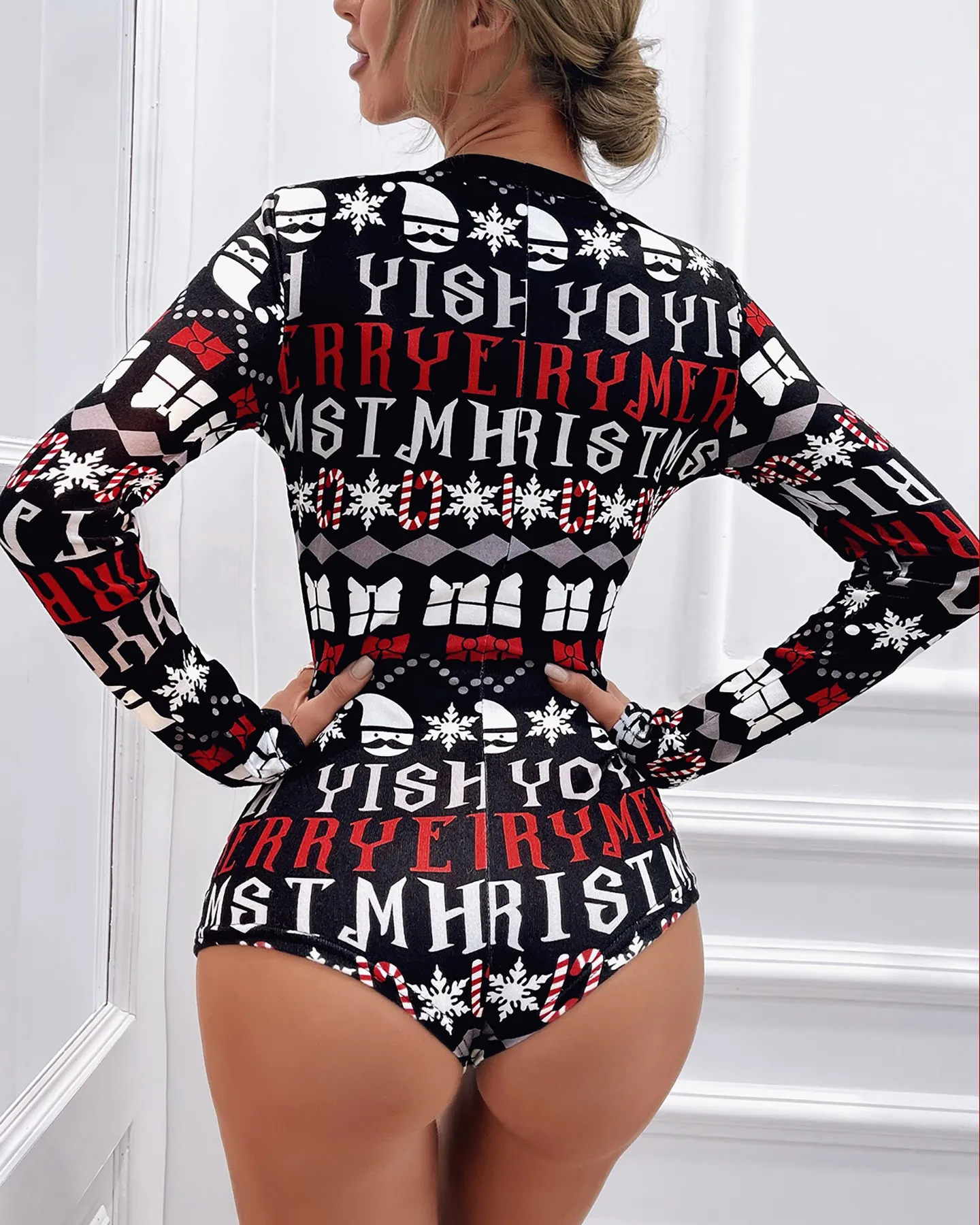 Christmas Plunge Button Long Sleeve Romper