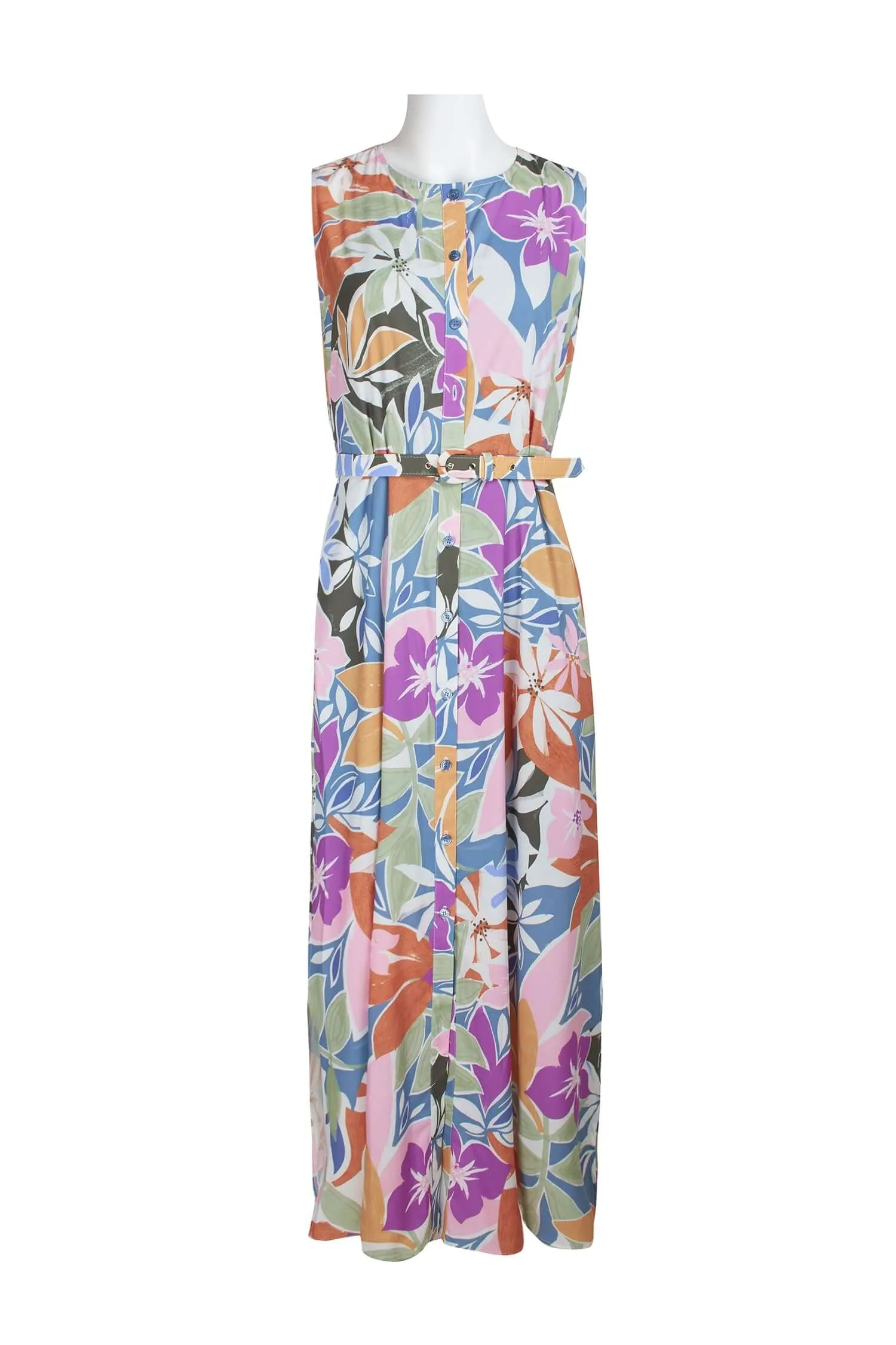 Donna Morgan Crew Neck Button Down Belted Pockets Floral Print Slit Side Satin Dress