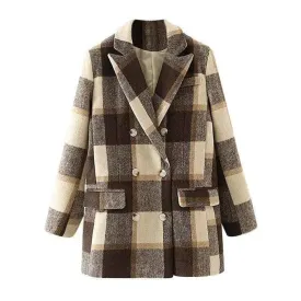 Double-breasted woolen plaid blazer