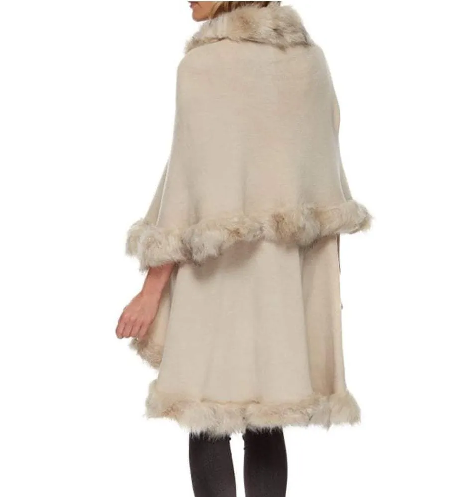 Double Layered Tonal Faux Fur Trim Poncho