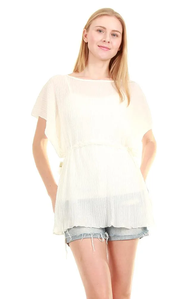 EAP8751 Pleated Chiffon Drawstring Poncho