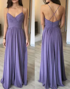 Elegant A Line Spaghetti Straps V Neck Chiffon Long Simple Prom Dresses