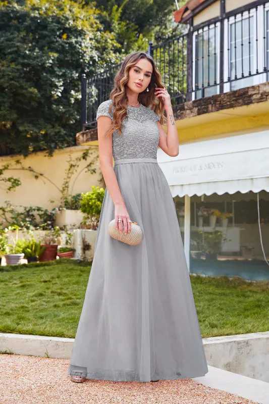 Elegant Cap Sleeves Aline Bridesmaid Dress Chiffon Crew Neck Floor Length Wedding Guest Dress