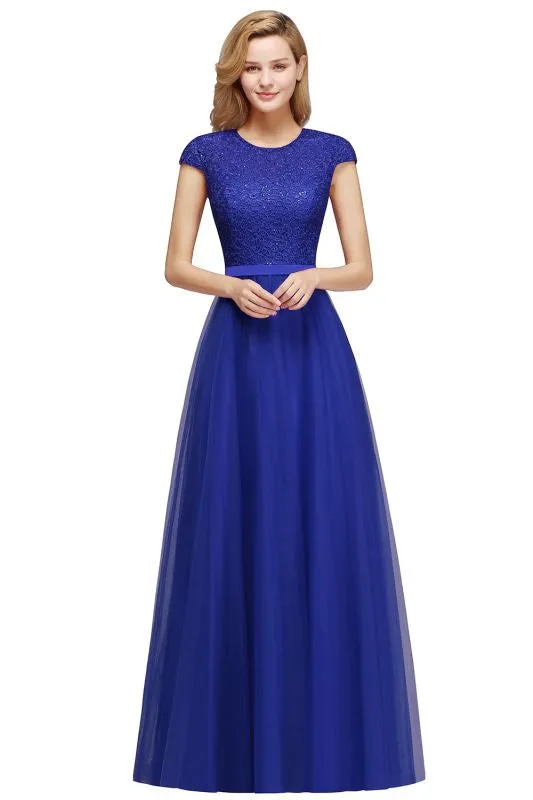 Elegant Cap Sleeves Aline Bridesmaid Dress Chiffon Crew Neck Floor Length Wedding Guest Dress