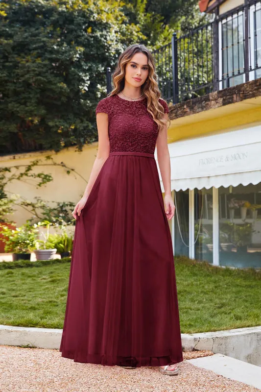 Elegant Cap Sleeves Aline Bridesmaid Dress Chiffon Crew Neck Floor Length Wedding Guest Dress