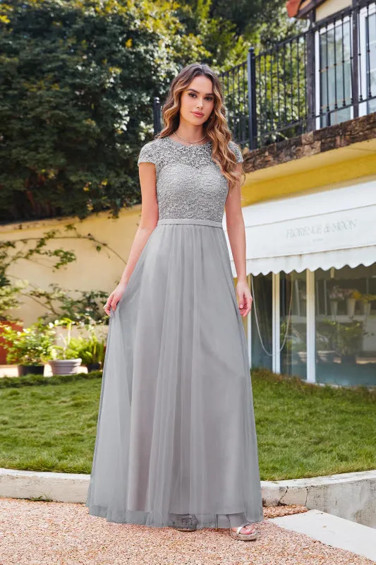 Elegant Cap Sleeves Aline Bridesmaid Dress Chiffon Crew Neck Floor Length Wedding Guest Dress