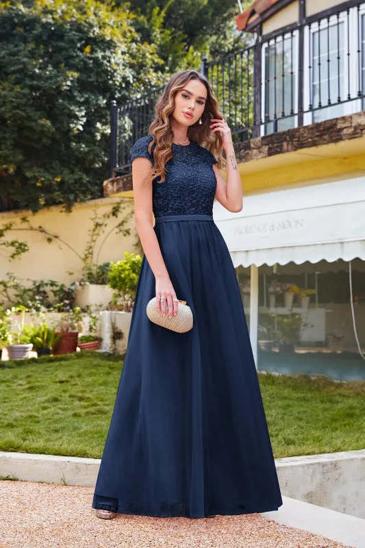 Elegant Cap Sleeves Aline Bridesmaid Dress Chiffon Crew Neck Floor Length Wedding Guest Dress