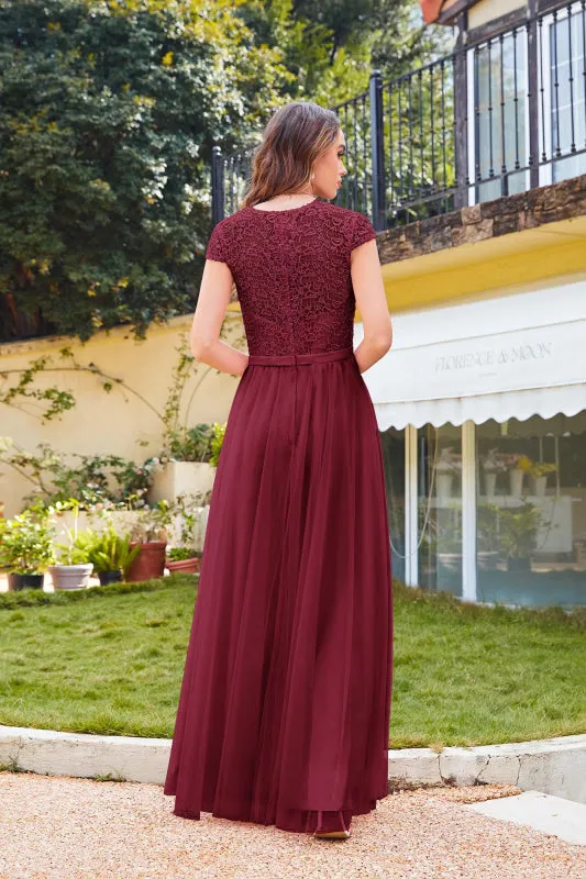 Elegant Cap Sleeves Aline Bridesmaid Dress Chiffon Crew Neck Floor Length Wedding Guest Dress