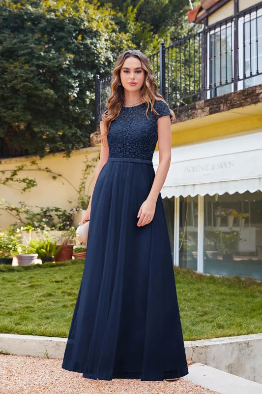 Elegant Cap Sleeves Aline Bridesmaid Dress Chiffon Crew Neck Floor Length Wedding Guest Dress