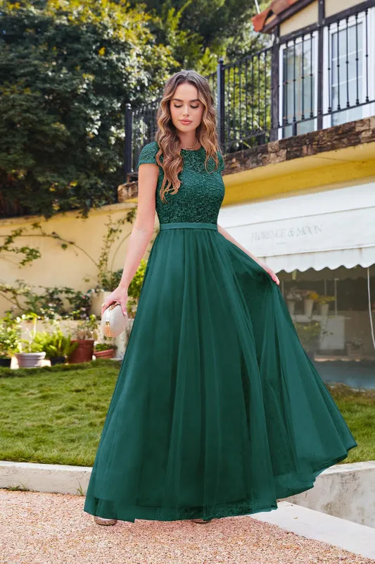 Elegant Cap Sleeves Aline Bridesmaid Dress Chiffon Crew Neck Floor Length Wedding Guest Dress