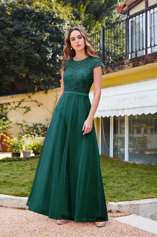 Elegant Cap Sleeves Aline Bridesmaid Dress Chiffon Crew Neck Floor Length Wedding Guest Dress