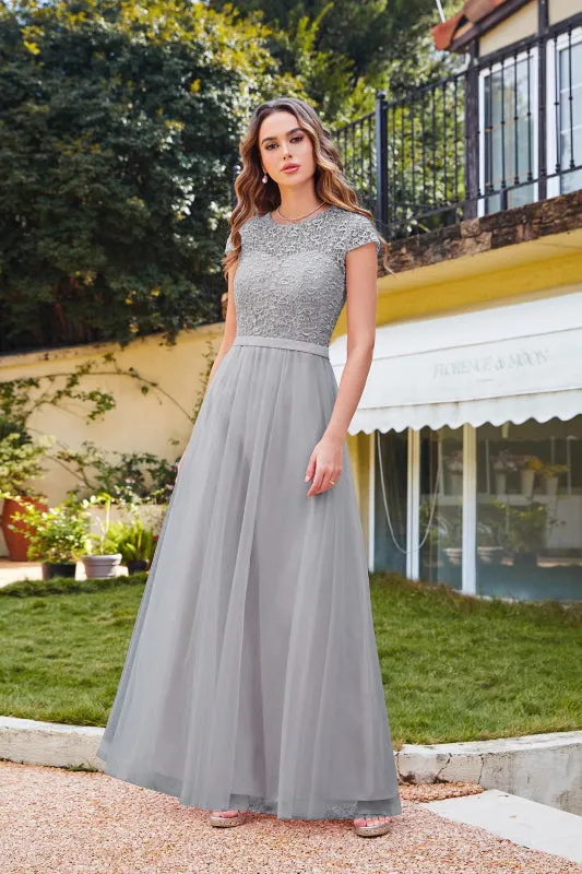 Elegant Cap Sleeves Aline Bridesmaid Dress Chiffon Crew Neck Floor Length Wedding Guest Dress