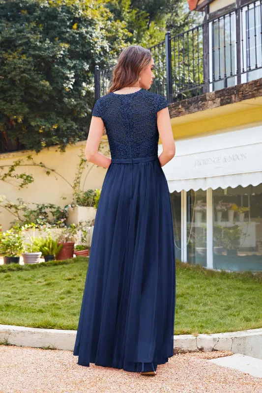 Elegant Cap Sleeves Aline Bridesmaid Dress Chiffon Crew Neck Floor Length Wedding Guest Dress