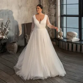 Elegant Simple Wedding Dresses Plus Size Women V Neck Long Sleeves Pleats Beach Bridal Gowns Appliqued Tulle Vestidos De Novia