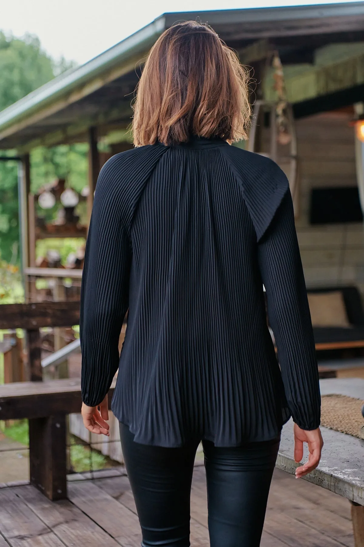 Estrella Pleated Black Chiffon Tie Neck Shirt