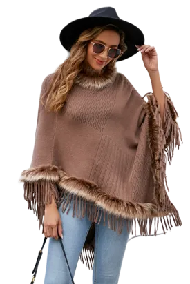 Faux Fur Trim Fringed Poncho