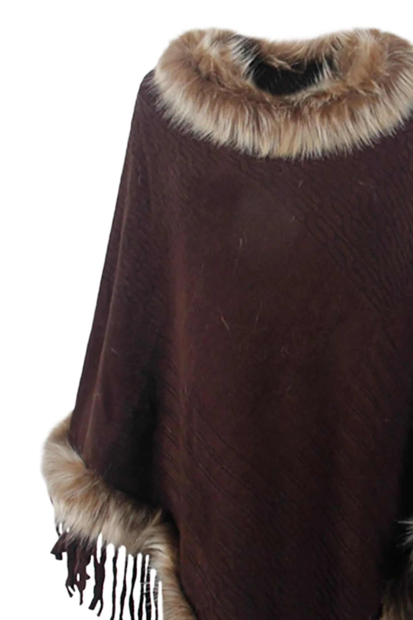 Faux Fur Trim Fringed Poncho