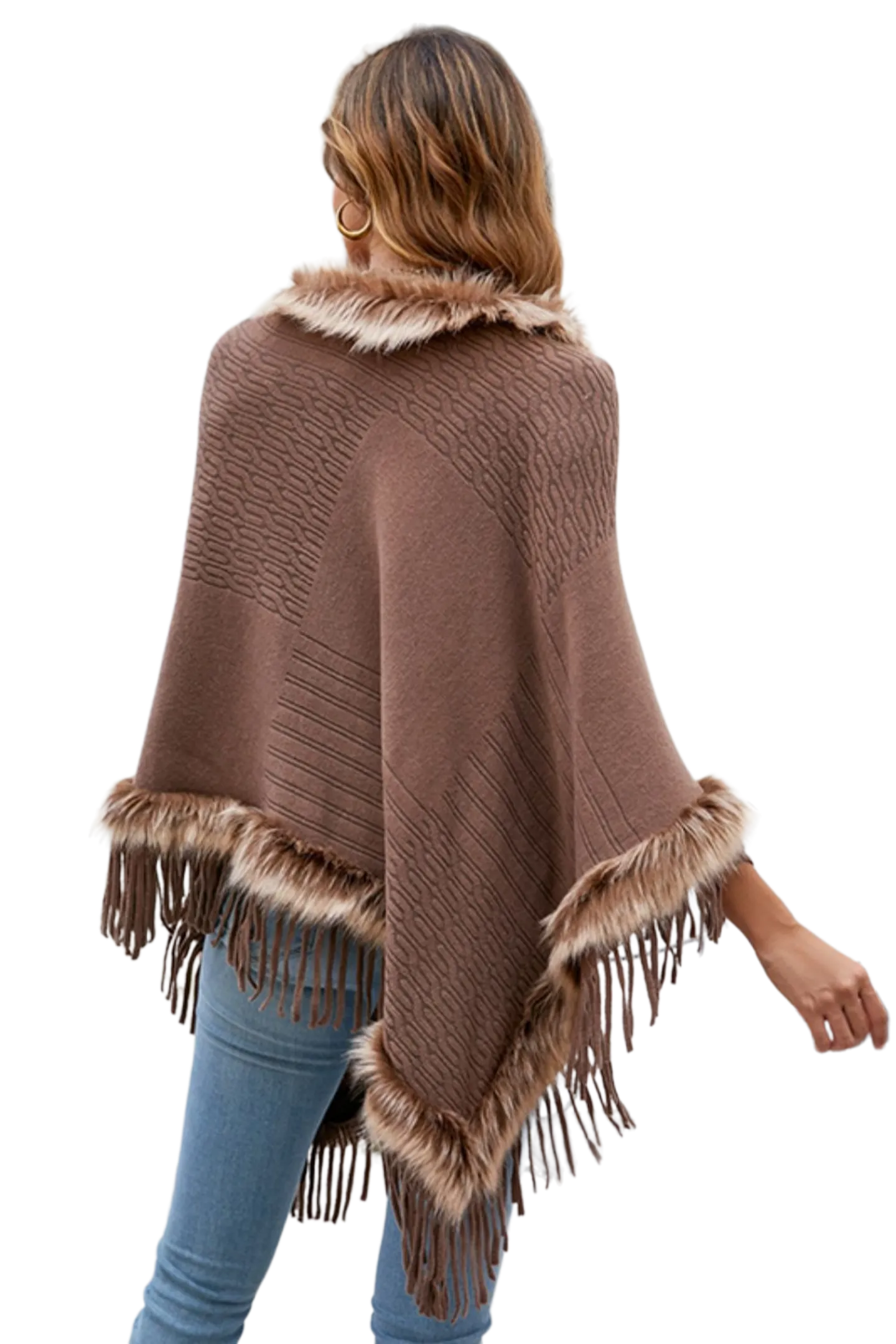 Faux Fur Trim Fringed Poncho