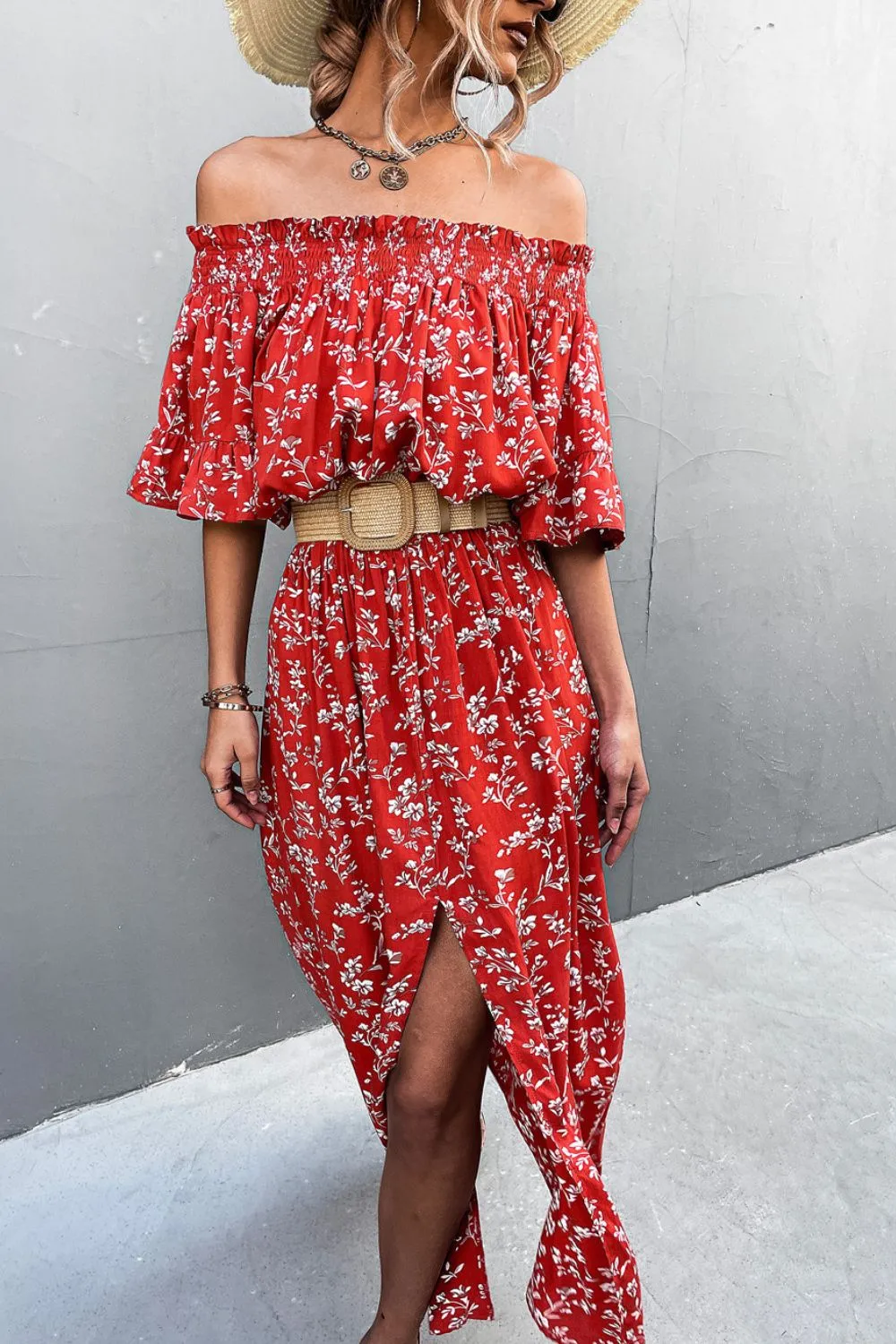 Floral Off-Shoulder Front Split Dress