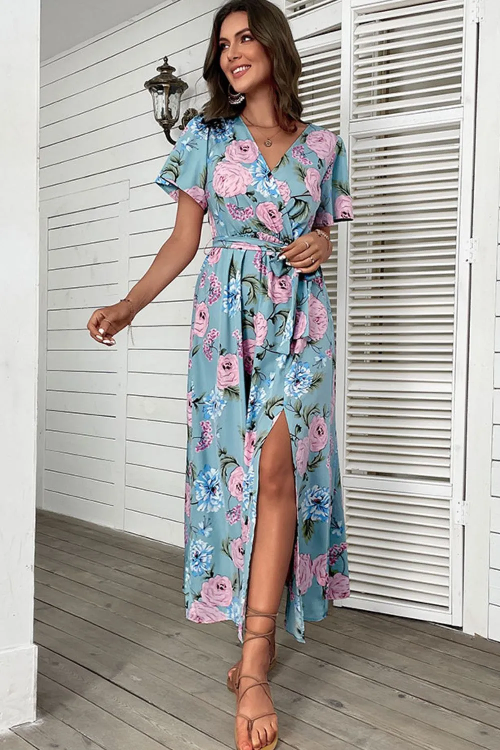 Floral Tie-Waist Slit Surplice Maxi Dress