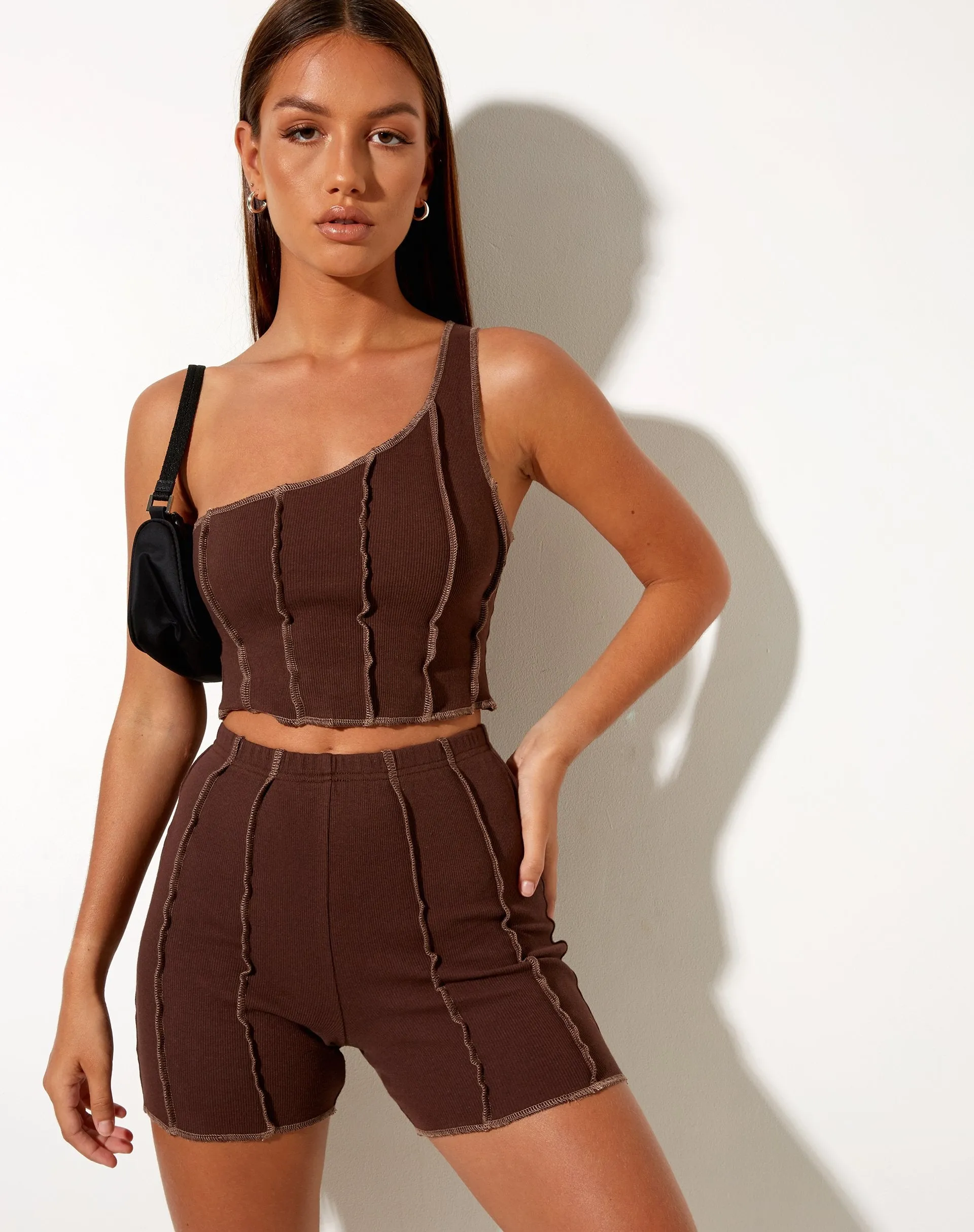 Kala Shorts in Rib Deep Mahogany with Brown Stitching