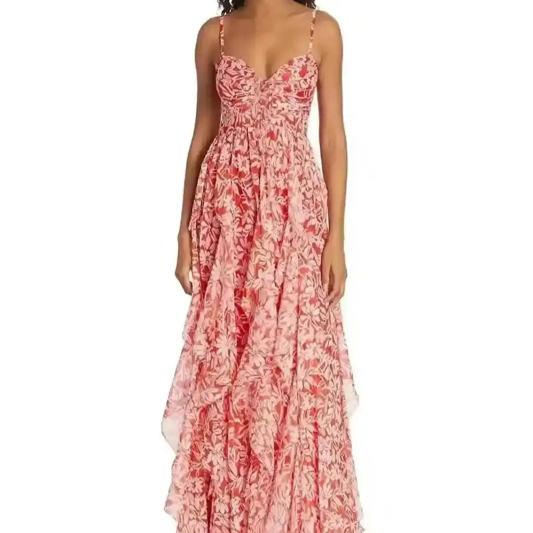 Letitia Sleeveless Cascading Ruffle Floral Maxi Dress