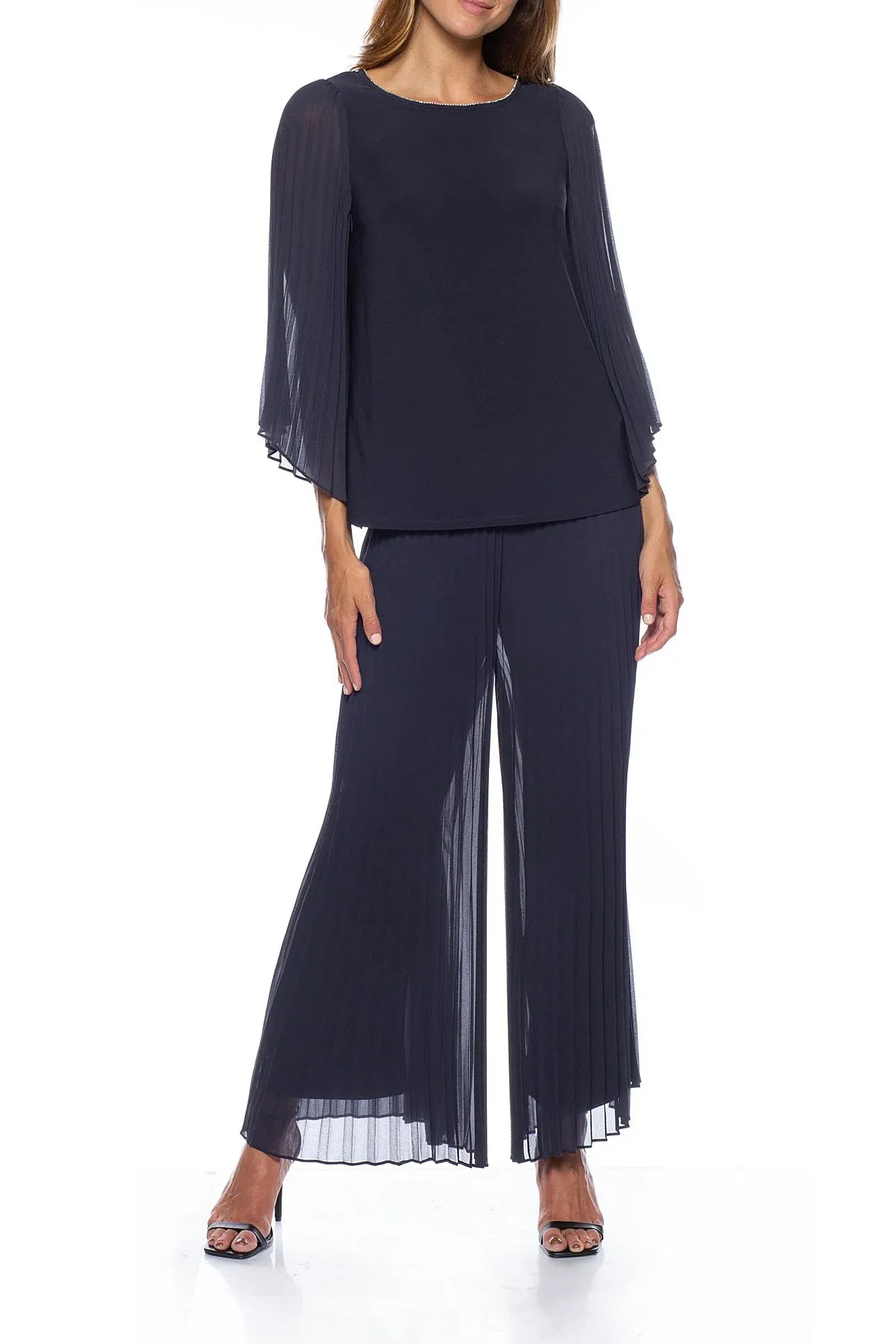 Marina Round Neck Pleated Chiffon Long Illusion Wing Sleeve 2 Piece Pant Set