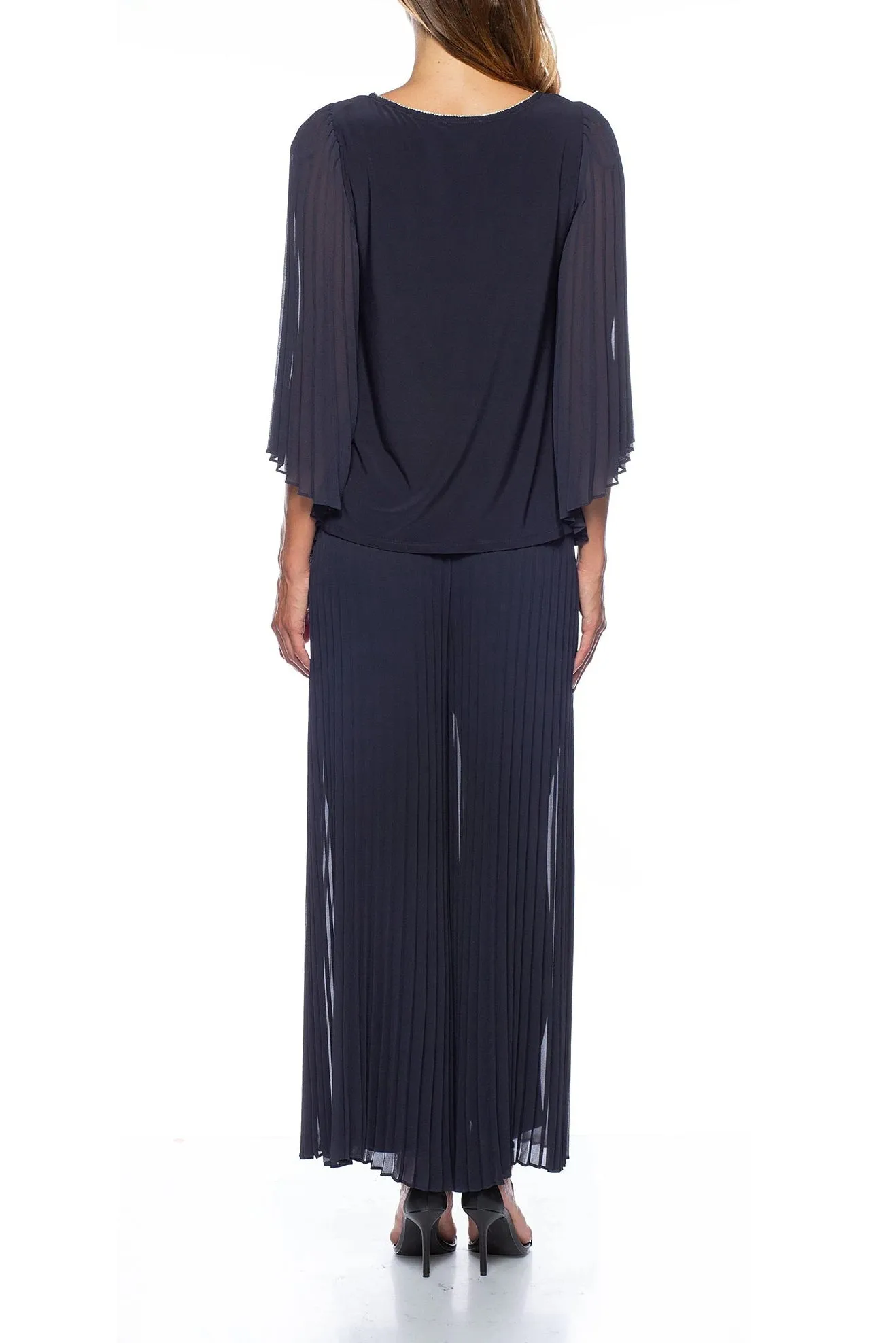 Marina Round Neck Pleated Chiffon Long Illusion Wing Sleeve 2 Piece Pant Set