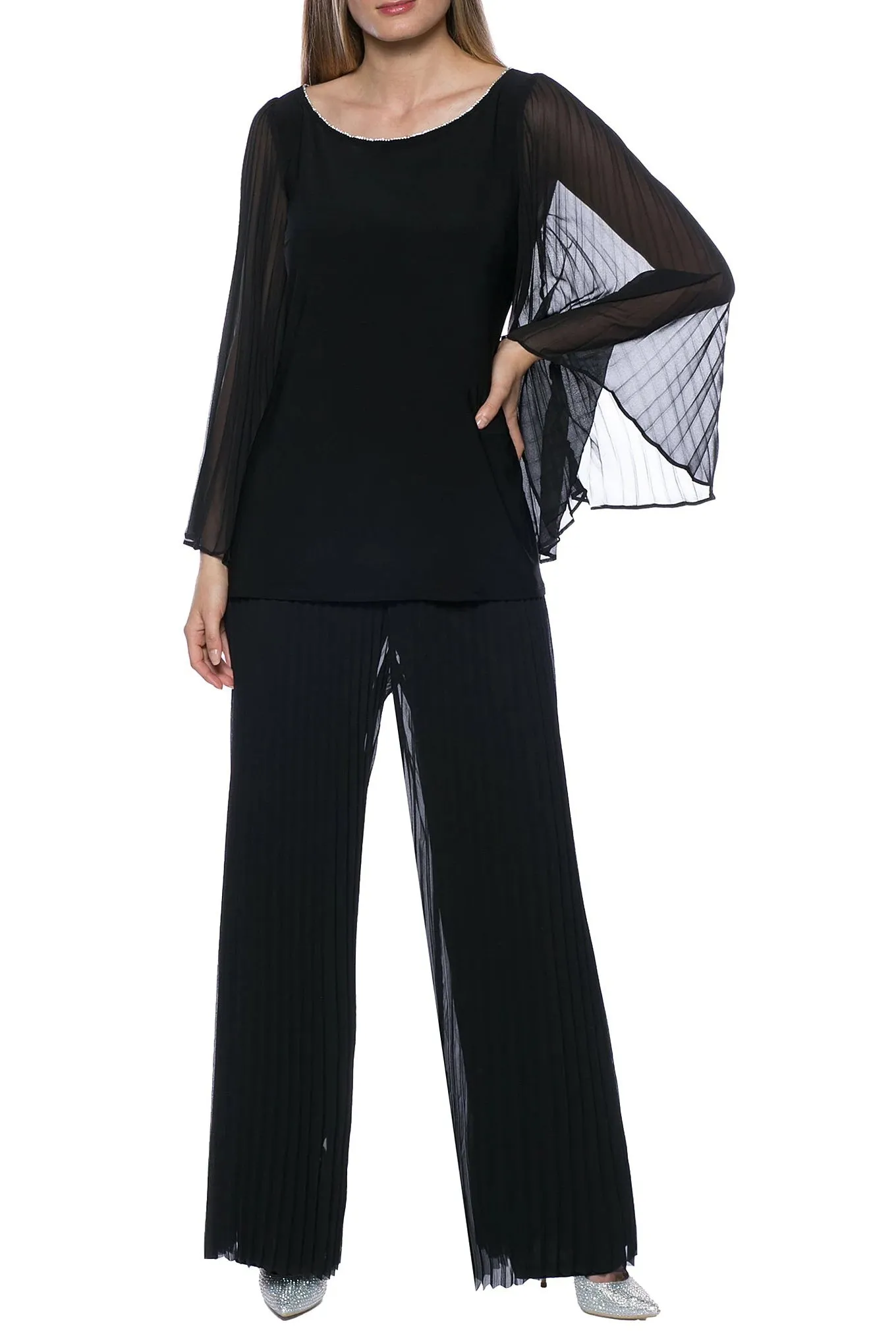 Marina Round Neck Pleated Chiffon Long Illusion Wing Sleeve 2 Piece Pant Set