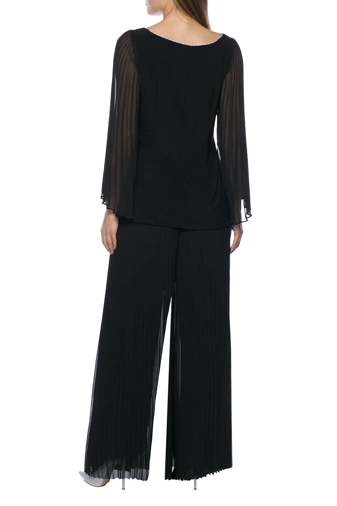 Marina Round Neck Pleated Chiffon Long Illusion Wing Sleeve 2 Piece Pant Set