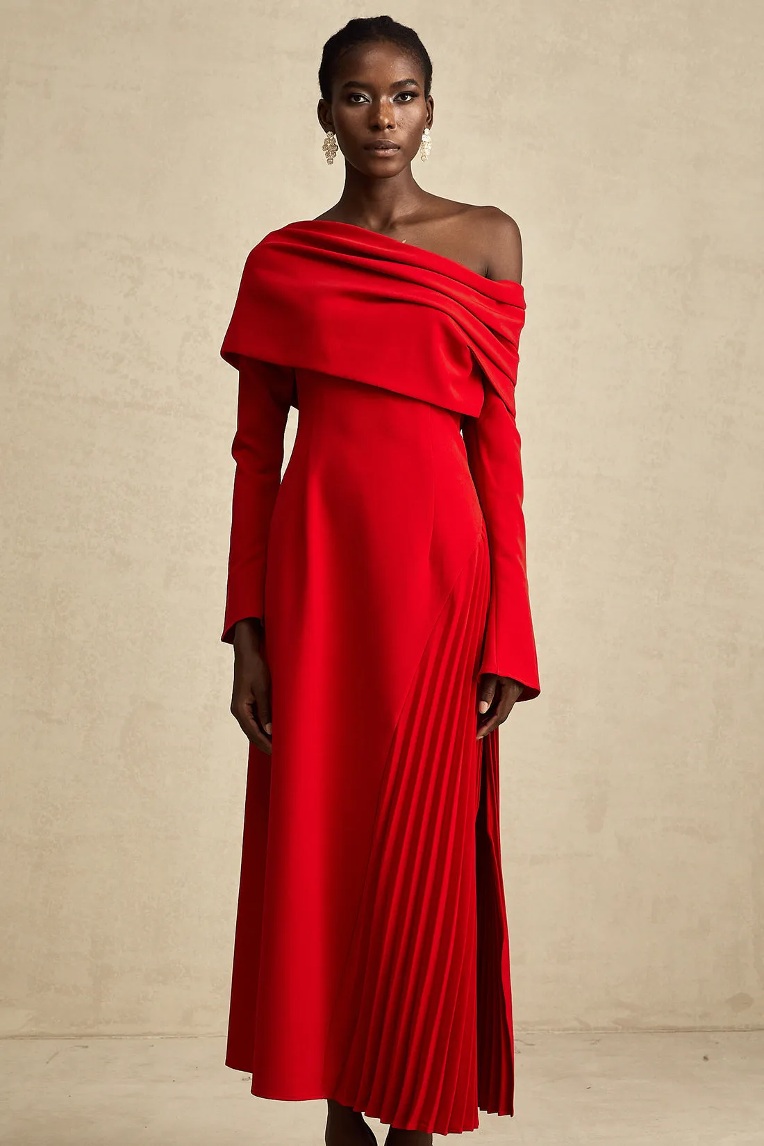 Mona Red High-Slit Pleated Maxi Dress