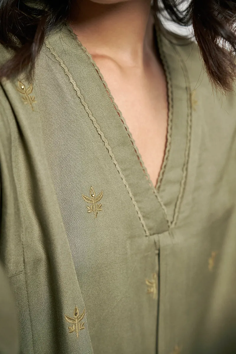 Olive drab Embroidered Pashmina kurta set