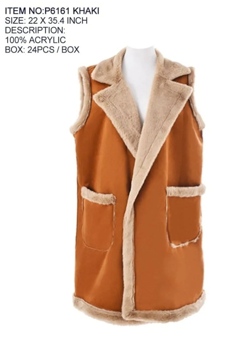 P6161 Kristina Faux Fur Trim Vest With Pockets