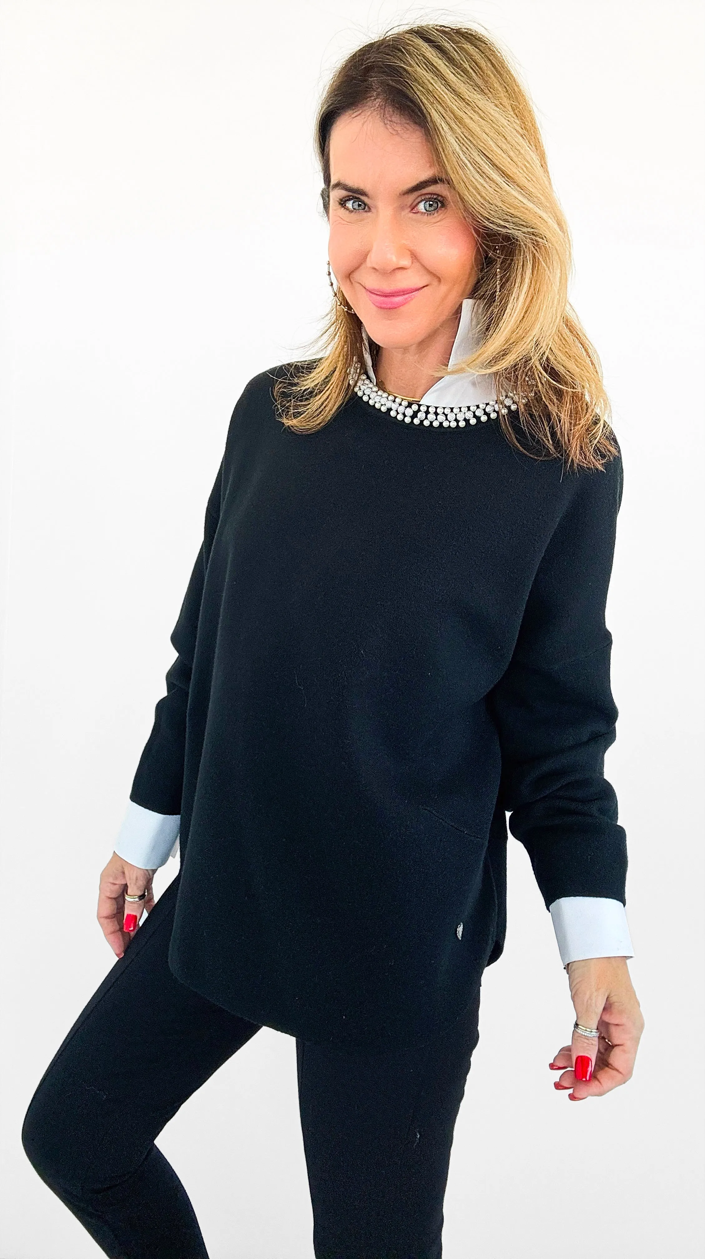 Pearl Detailed Italian Sweater- Black