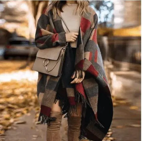 Plaid Cloak Shawl Dual-Use Woolen Scarf Jacket Shawl Women