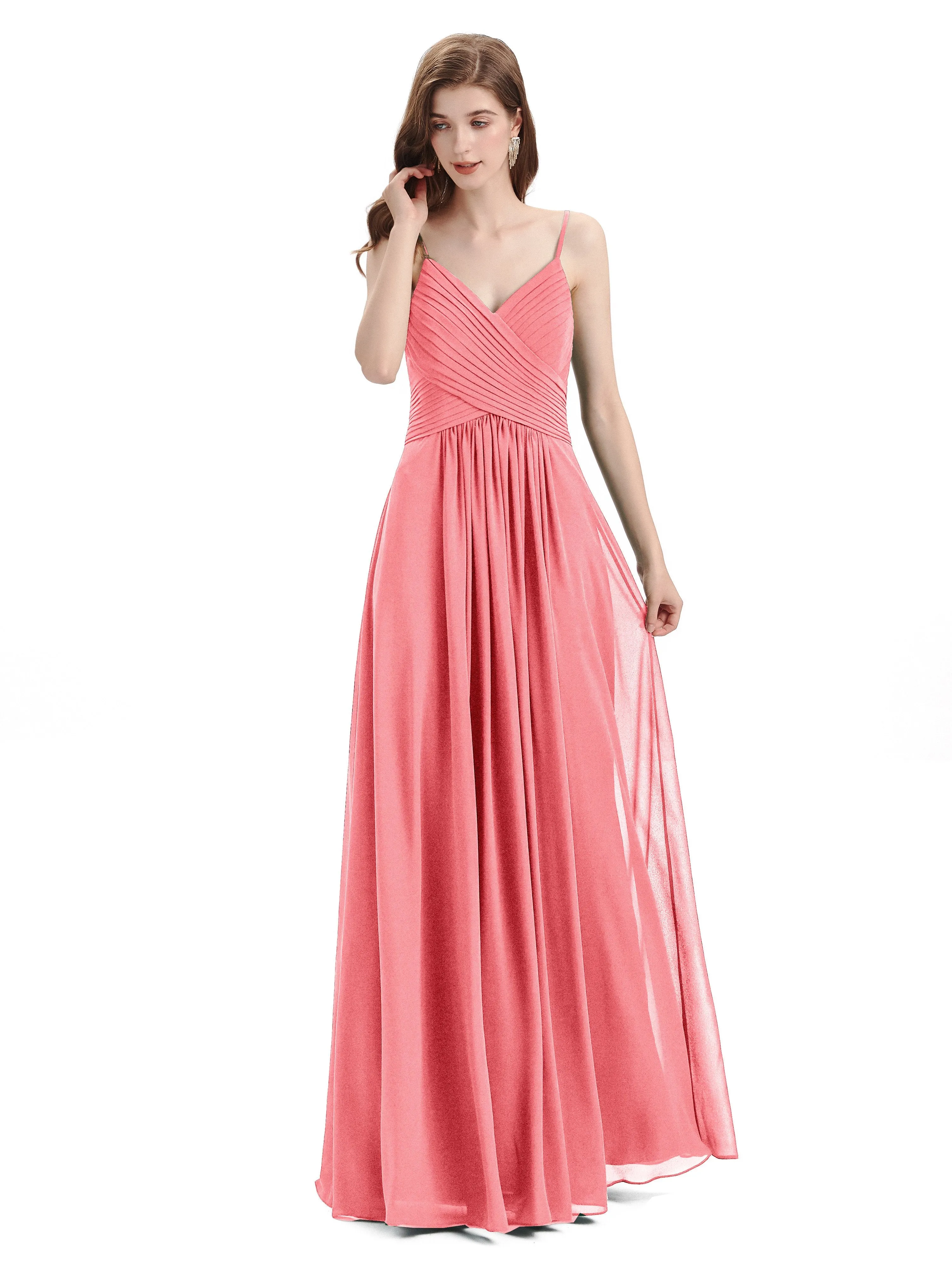 Pleated A-line Spaghetti Straps Chiffon Long Bridesmaid Dresses