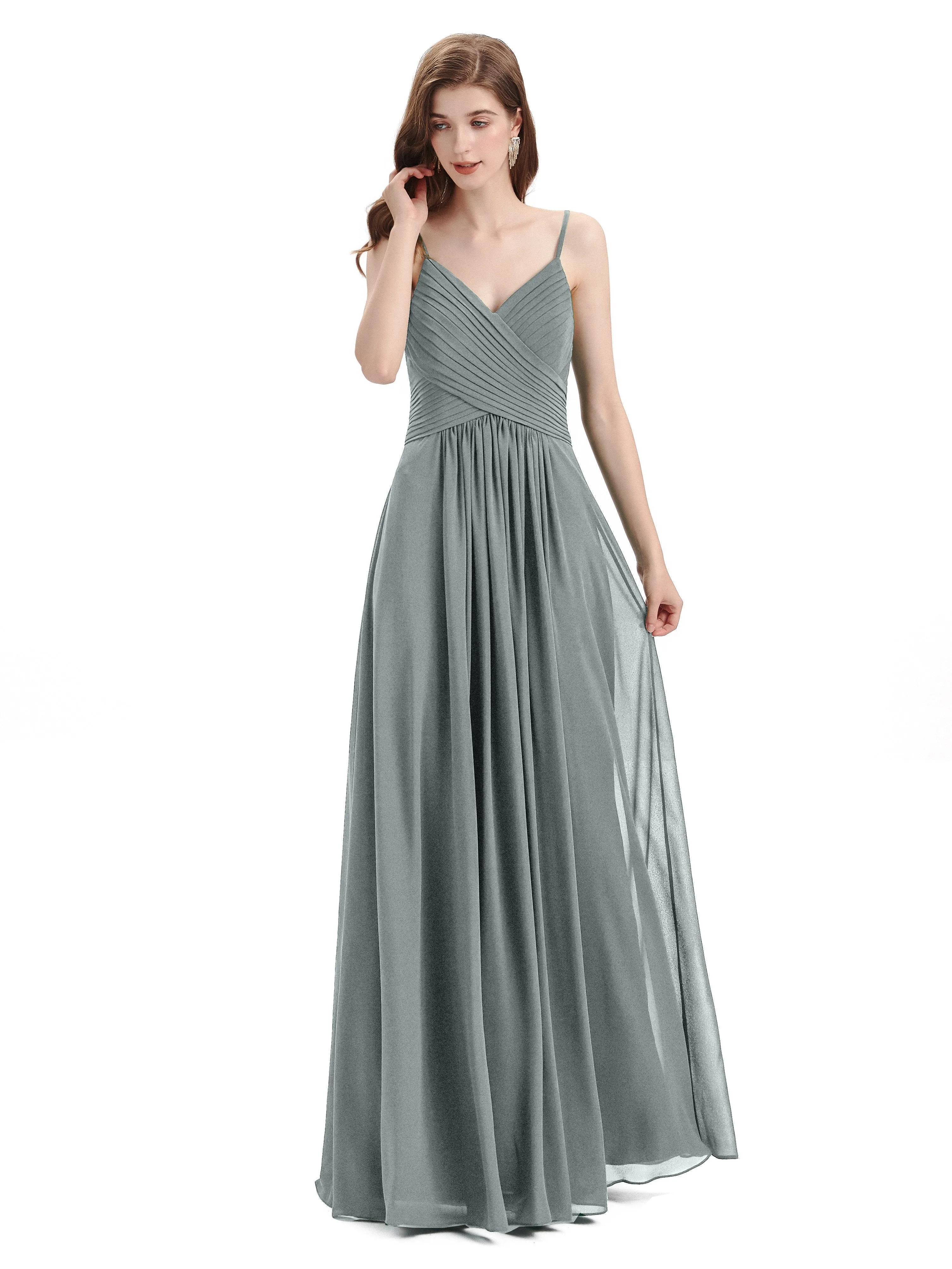 Pleated A-line Spaghetti Straps Chiffon Long Bridesmaid Dresses