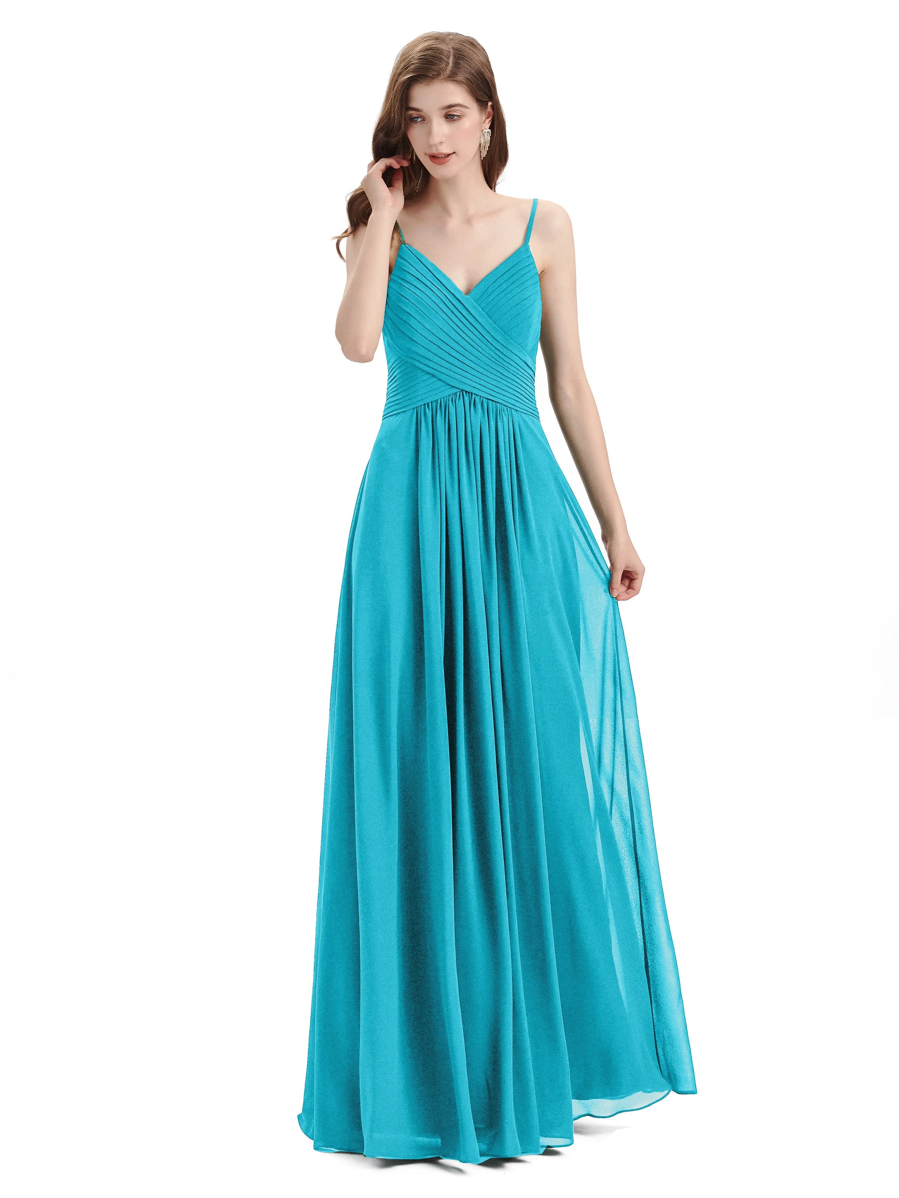 Pleated A-line Spaghetti Straps Chiffon Long Bridesmaid Dresses